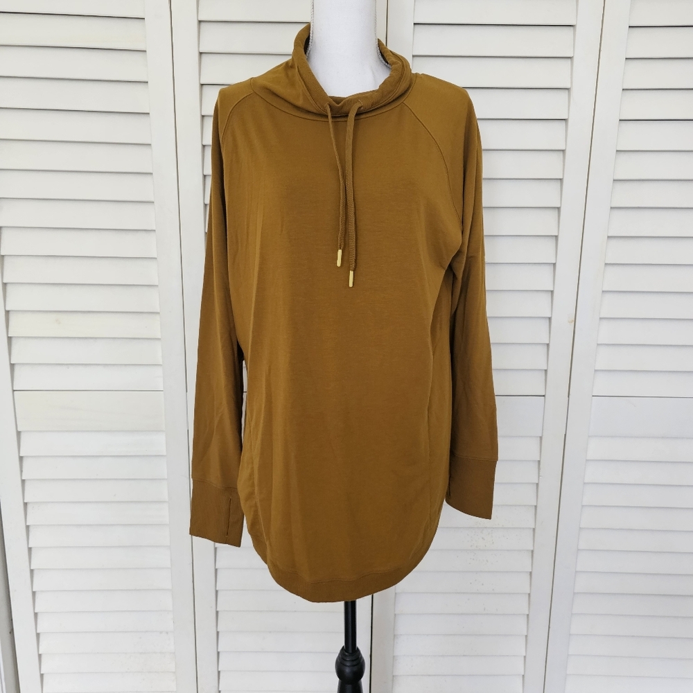 Tek Gear Pullover Tunic Top Size XL Mustard Gold Cowl Neck Long Sleeve Pockets